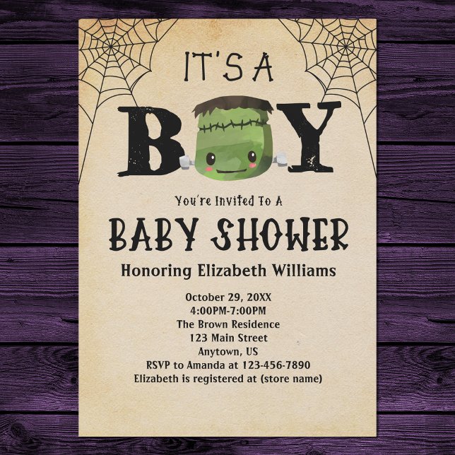 It's A Boy Frankenstein Halloween Baby Shower Invitation (Front)