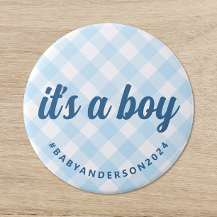 It's a Boy Gingham Baby Shower 7.5 Cm Round Badge