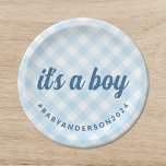 It's a Boy Gingham Baby Shower Paper Plate<br><div class="desc">This baby shower plate features a pastel blue and white gingham check background, evoking a sense of southern charm. The message "it's a boy" in stylish cursive lettering ensures the plate is eye-catching while maintaining an air of casual elegance. The plate reflects a classic preppy yet contemporary feel, suitable for...</div>