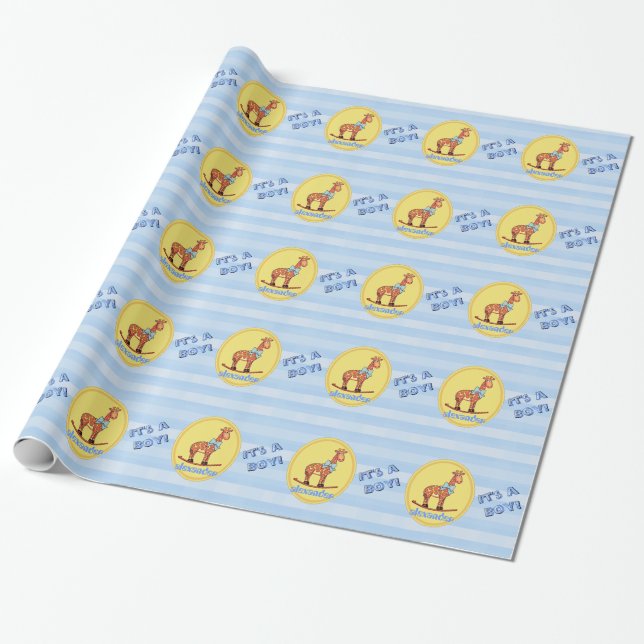 It's A Boy Giraffe Personalised Wrapping Paper (Unrolled)