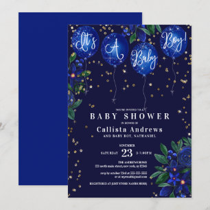 It's a Boy Glitter Balloons Floral Baby Shower Invitation