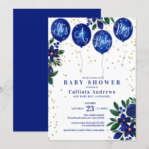 It's a Boy Glitter Balloons Floral Baby Shower Invitation