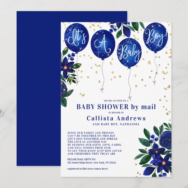 It's a Boy Glitter Balloons Floral Baby Shower Invitation (Front/Back)