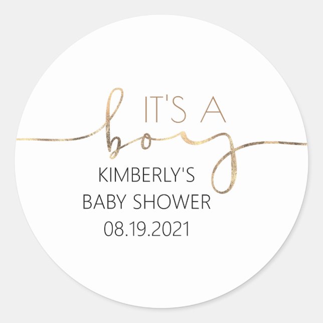 It's A Boy Gold Script Baby Shower Classic Round Classic Round Sticker (Front)