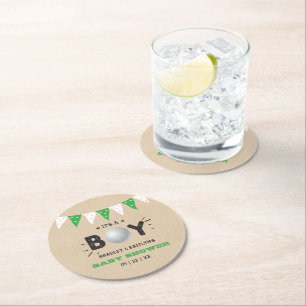 It's A Boy! Golf Themed Co-ed Baby Shower Round Paper Coaster