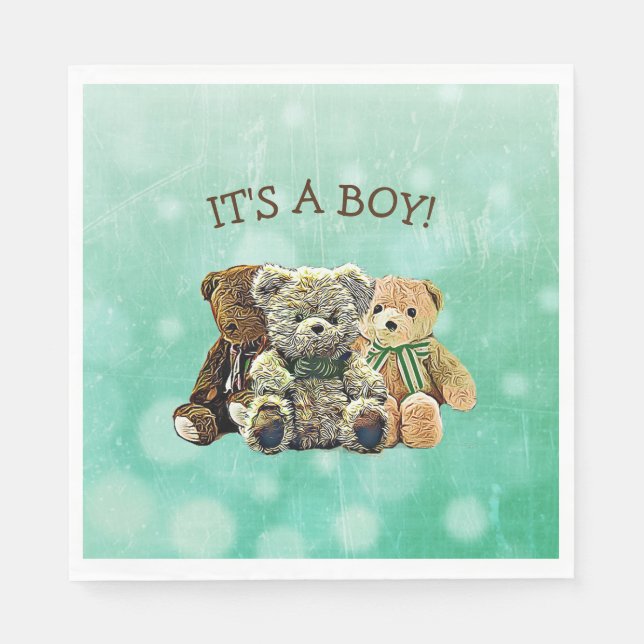 It's a Boy, Green and Brown Teddy Bear Baby Shower Napkin (Front)