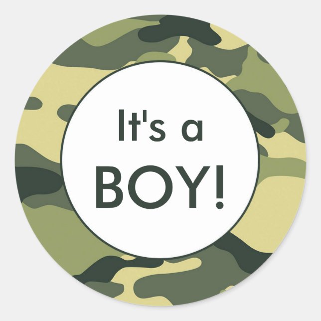 It's a BOY! Green camo announcement favour sticker (Front)