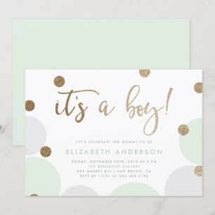 It's a Boy!   Green & Gold Confetti Baby Shower Invitation