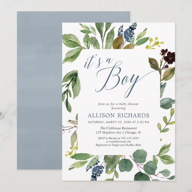 It's a boy green leaves foliage rustic baby shower invitation (Front/Back)