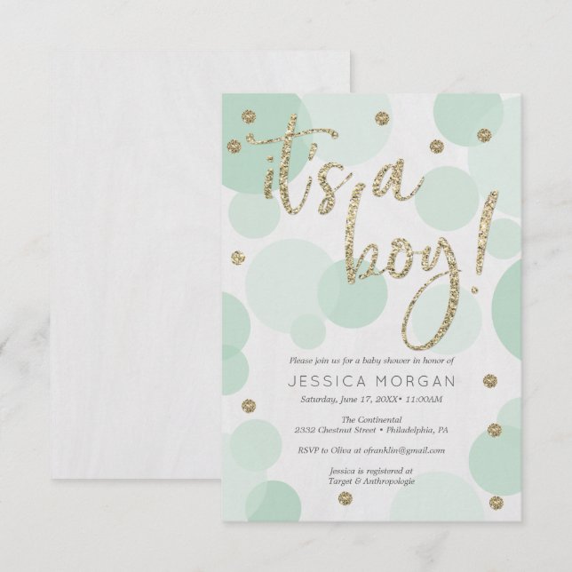 It's A Boy Green Polka Dot Baby Shower Invitations (Front/Back)