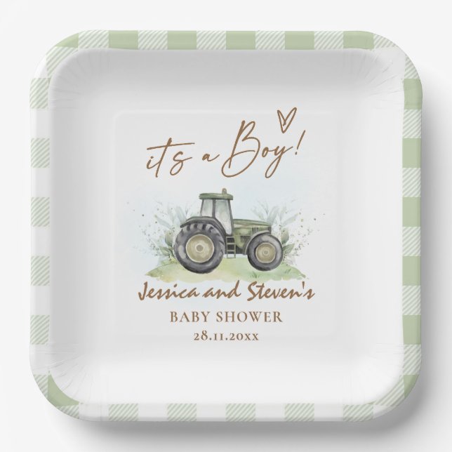 It's A Boy Green Tractor Farm Baby Shower  Paper Plate (Front)