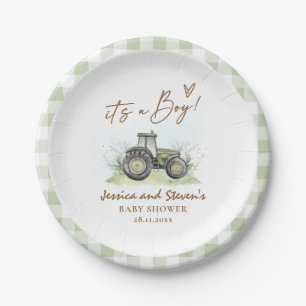 It's A Boy Green Tractor Farm Baby Shower  Paper Plate