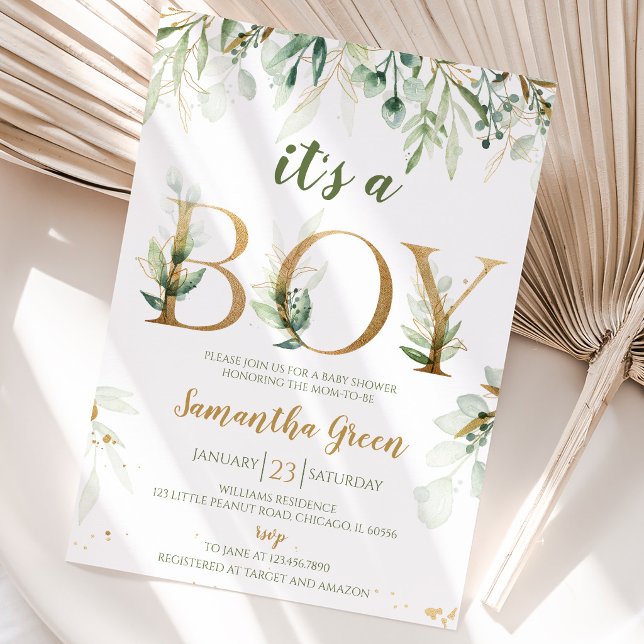 It's a Boy Greenery Baby Shower Invitation (Creator Uploaded)