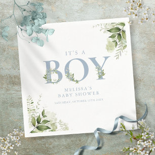 Its A Boy Greenery Dusty Blue Letter Baby Shower Napkin