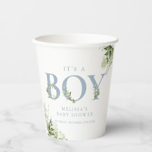 Its A Boy Greenery Dusty Blue Letter Baby Shower Paper Cups
