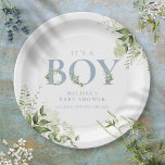 Its A Boy Greenery Dusty Blue Letter Baby Shower Paper Plate<br><div class="desc">It's a boy baby shower paper plate featuring elegant dusty blue typography and pretty botanical greenery foliage. Designed by Thisisnotme©</div>
