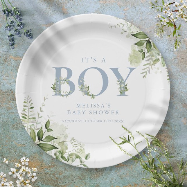 Its A Boy Greenery Dusty Blue Letter Baby Shower Paper Plate (Its A Boy Greenery Dusty Blue Letter Baby Shower Paper Plates)