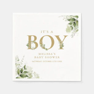 Its A Boy Greenery Foliage Gold Letter Baby Shower Napkin