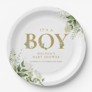 Its A Boy Greenery Foliage Gold Letter Baby Shower Paper Plate