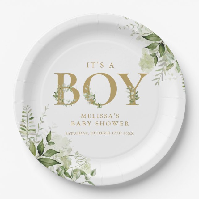 Its A Boy Greenery Foliage Gold Letter Baby Shower Paper Plate (Front)