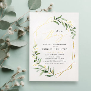 It's a Boy Greenery Gold Geometric Baby Shower Foi