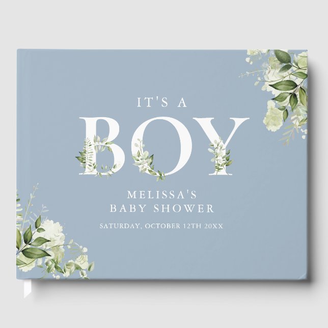Its A Boy Greenery Letter Dusty Blue Baby Shower Guest Book (Front)