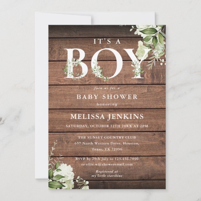 Its A Boy Greenery Letter Rustic Wood Baby Shower Invitation (Front)