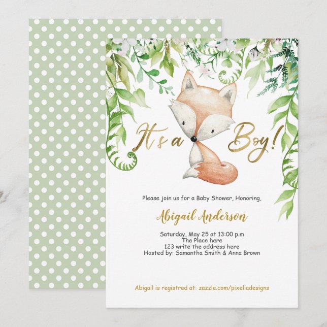 Its a Boy, Greenery, Woodland Fox, Baby Boy Shower Invitation (Front/Back)