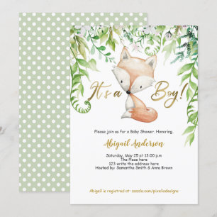 Its a Boy, Greenery, Woodland Fox, Baby Boy Shower Invitation