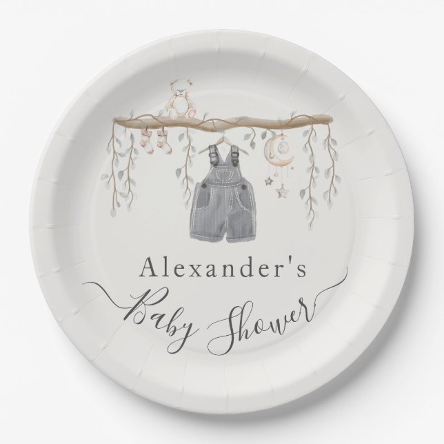 It's a Boy Grey Clothes Eucalyptus Baby Shower Paper Plate (Front)