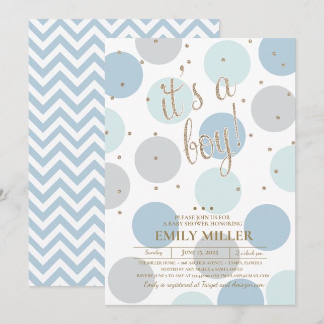 It's a Boy - Grey, Turquoise & Blue Baby Shower Invitation (Front/Back)