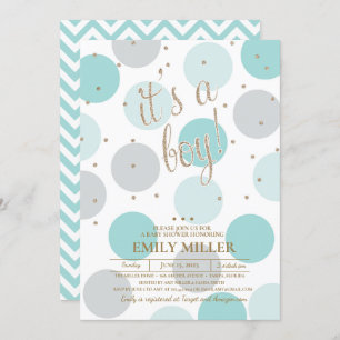 It's a Boy - Grey, Turquoise & Gold Baby Shower Invitation