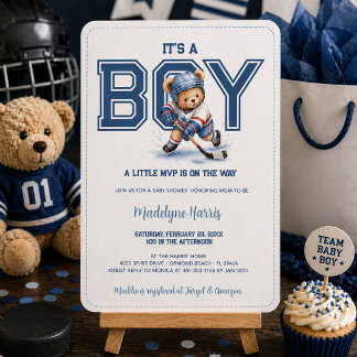 Its a Boy Hockey Teddy Bear Boy Baby Shower  Invitation