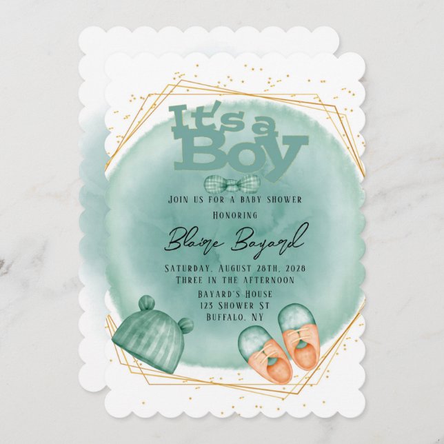 It's A Boy In Mint Green And Gold Baby Shower Invi Invitation (Front/Back)