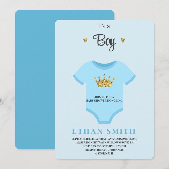 It's a Boy Invitation With Blue Bodysuit Newborn (Front/Back)