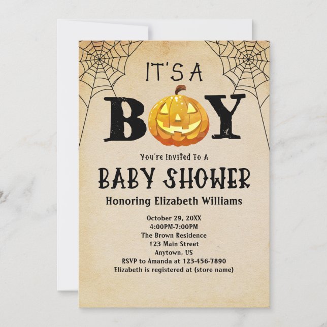 It's A Boy Jackolantern Halloween Baby Shower Invitation (Front)