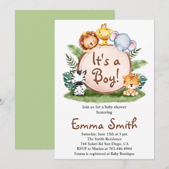 It's a Boy Jungle Safari Animals Baby Shower Invit Invitation (Front/Back)