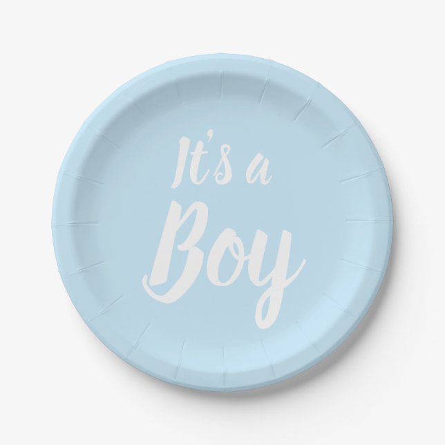 It's a Boy, light blue baby shower gender reveal Paper Plate (Front)