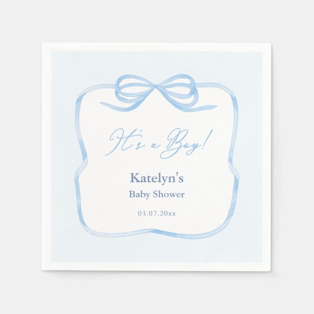 It's A Boy Light Blue Bow Baby Shower Party Napkin (Front)
