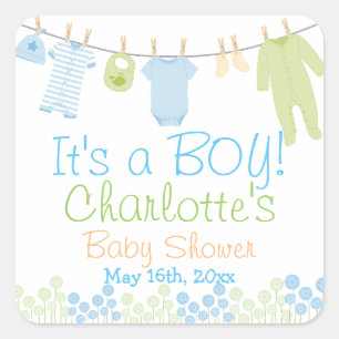 It's A BOY! Lil Clothes Blue & Green Baby Shower Square Sticker