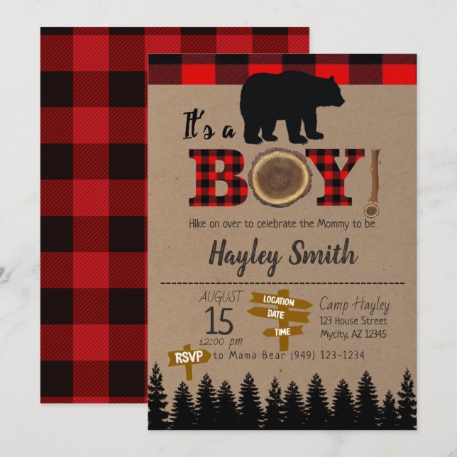 It's a Boy Little Bear Flannel Plaid Baby Shower Invitation (Front/Back)