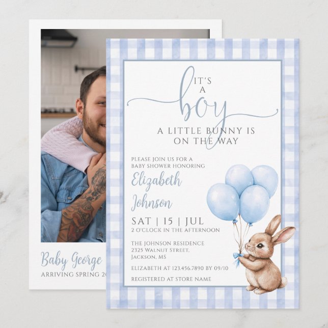Its A Boy Little Bunny Baby Shower Photo QR Code Invitation (Front/Back)