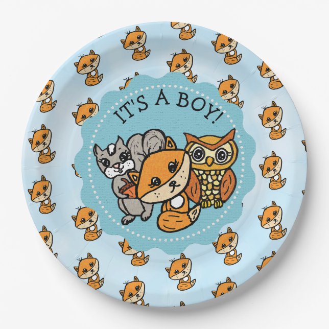 It's a Boy, Little Fox Boy's Baby Shower Paper Plate (Front)