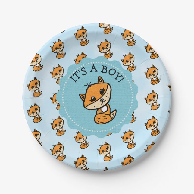It's a Boy, Little Fox Boy's Baby Shower Paper Plate (Front)