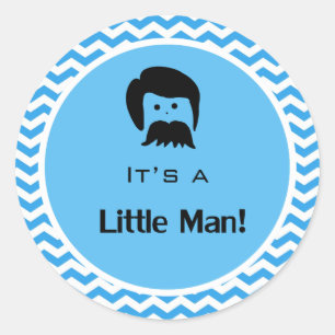 It's a boy, little man blue chevron stickers. classic round sticker