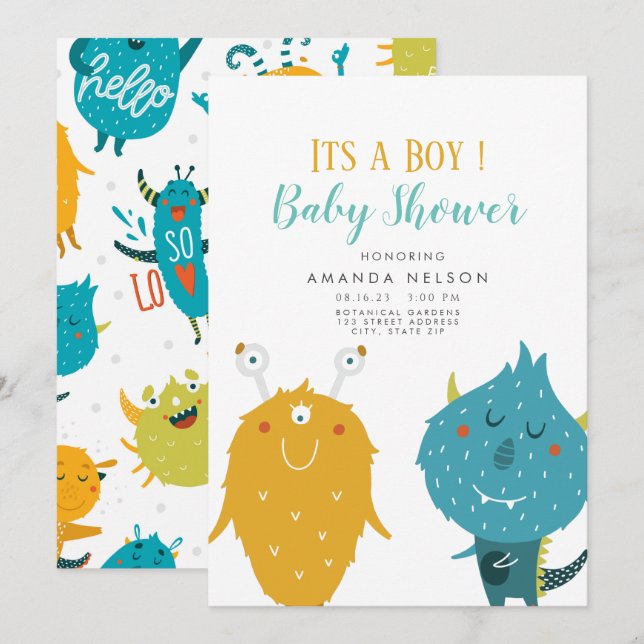 Its a boy Little monster baby shower Invitation (Front/Back)