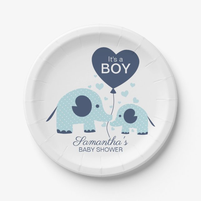 It's a Boy Lovely Blue Elephant Baby Shower Paper Plate (Front)
