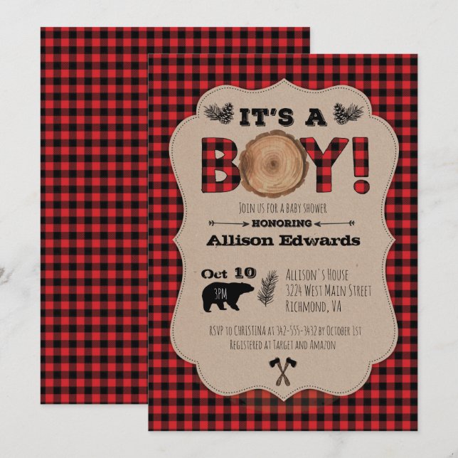 It's A Boy Lumberjack Plaid Baby Shower Invitation (Front/Back)