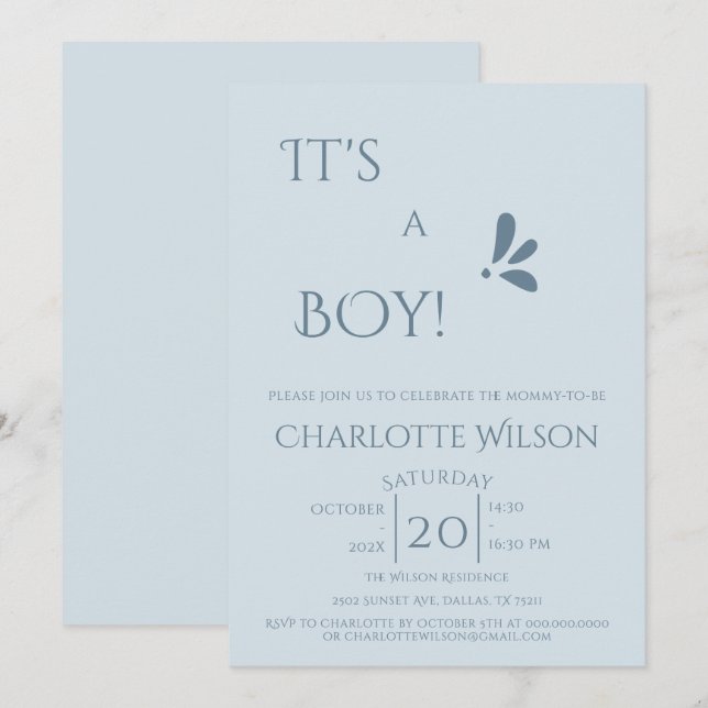 It's A Boy! Minimalism Pastel Blue Baby Shower Invitation (Front/Back)