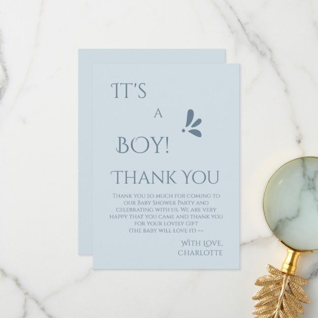 It's A Boy! Minimalism Pastel Blue Baby Shower Thank You Card (Front/Back In Situ)